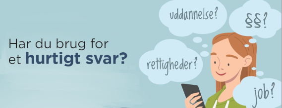 Tegning af kvinde med mobiltelefon i hånden. Over hende svæver spørgsmål "Job?", "Rettigheder?" m.m.