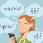 Tegning af kvinde med mobiltelefon i hånden. Over hende svæver spørgsmål "Job?", "Rettigheder?" m.m.