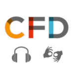 Podcastens logo med et billede af høretelefoner, af to hænder der taler tegnsprog og CFD's logo i midten.